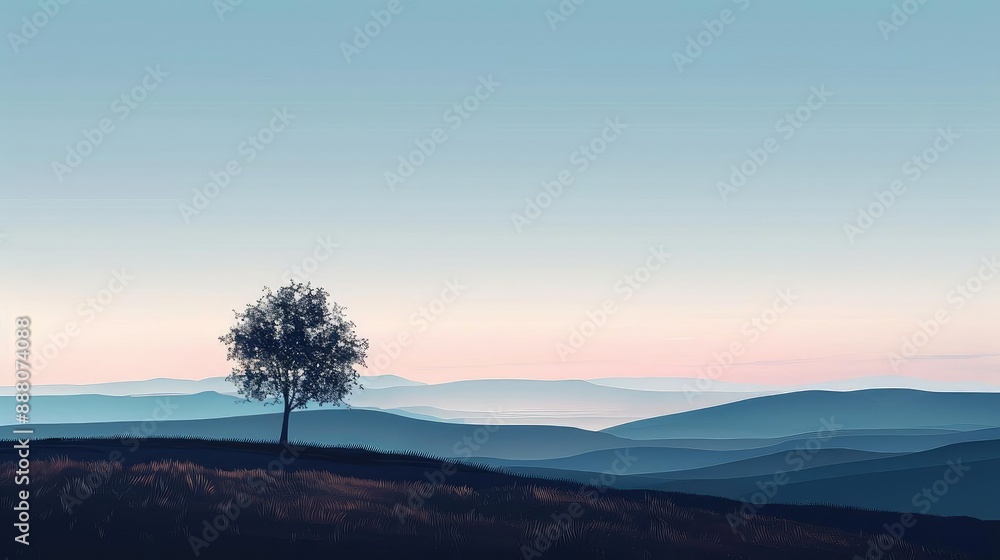 Fototapeta premium A lone tree stands on a hill, overlooking a vast landscape of mountains and valleys