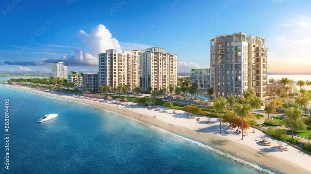 A stunning image of a luxurious beachside resort featuring high-rise buildings, serene sandy beaches, turquoise waters, a docked yacht, and lush palm trees under a clear sky. A stunning image of a luxurious beachside resort featuring high-rise buildings, serene sandy beaches, turquoise waters, a docked yacht, and lush palm trees under a clear sky.