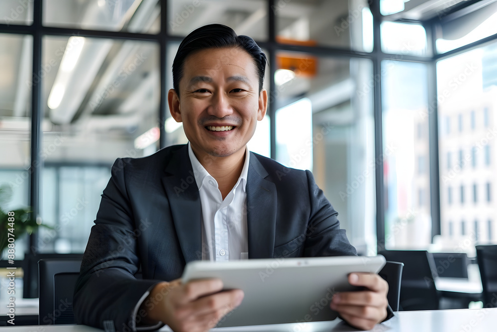 happy asian mid age business man professional ceo using tablet computer, looking at camera at desk in the office happy asian mid age business man professional ceo using tablet computer, looking at camera at desk in the office