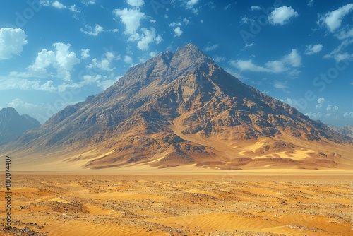 Fantasy apocalyptic desert sand digital art illustration, Fantasy desert landscape with hills and clouds of dust and mountain. © Wuttichaik