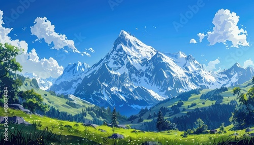 A beautiful landscape painting of snow-capped mountains in the distance with green rolling hills and a river in the foreground. The sky is blue and dotted with white clouds.
