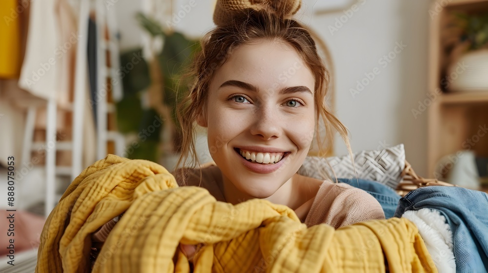 Young Housewife Savoring the Fresh Scent of Laundered Clothes in Cozy Home Setting Young Housewife Savoring the Fresh Scent of Laundered Clothes in Cozy Home Setting