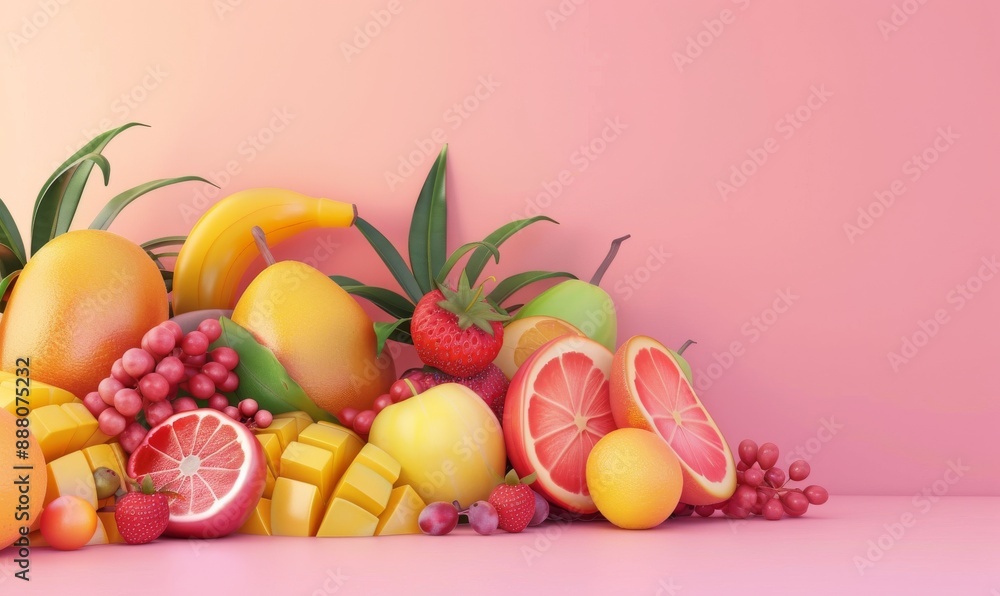 Cute 3d Style, Bright Pastel Tone Background, Delicious-Looking Fruits, Advertising Banner Design with White Space, Cute 3d Style, Bright Pastel Tone Background, Delicious-Looking Fruits, Advertising Banner Design with White Space,