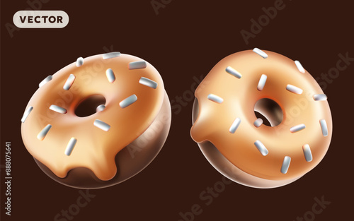 Vector illustration of realistic set of chocolate glazed donut with sprinkles on brown color background. 3d style design of different angle shine donut with glazed. Sweet food