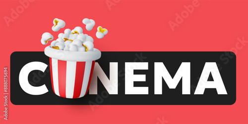 Vector illustration of realistic full striped red bucket of pop corn with word cinema on red color background. 3d style design of popcorn bucket with text. Sweet cinema food