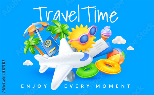 Vector summer illustration of air plane with palm tree and sun in sunglasses on blue background with ticket and umbrella. 3d style cartoon design of summer holidays. Time to travel with plane