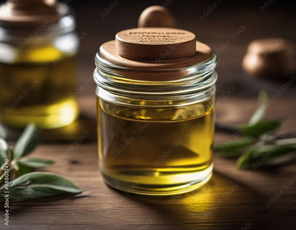Transparent container(s) filled with olive oil, placed on a wooden table and surrounded by olive leaves. Transparent container(s) filled with olive oil, placed on a wooden table and surrounded by olive leaves.