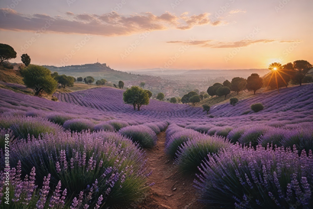 Lavender blooms in the field. sunset or sunrise over a lavender field. Lavender blooms in the field. sunset or sunrise over a lavender field.