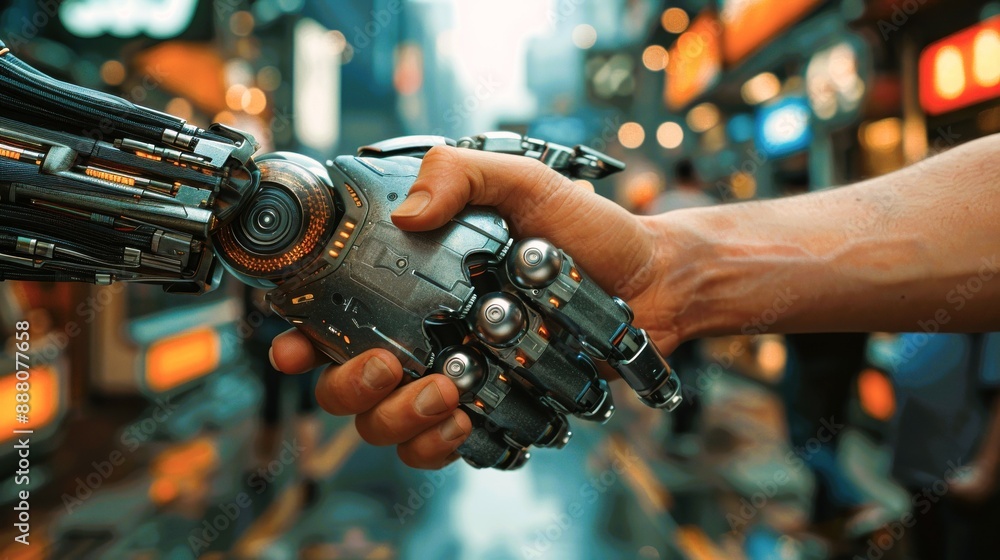 A robotic hand and a human hand shake in a futuristic cityscape, symbolizing collaboration and the future of technology. A robotic hand and a human hand shake in a futuristic cityscape, symbolizing collaboration and the future of technology.