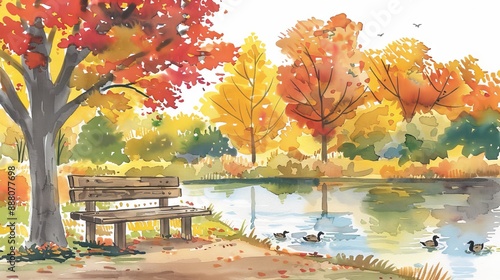 Watercolor painting of a bench beside a lake in autumn scenery. Concept of autumn landscape, fall foliage, park bench, serene nature photo