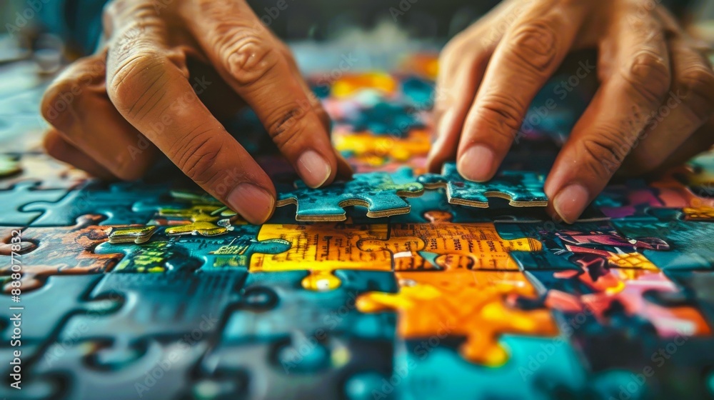 Close-up of hands assembling a colorful jigsaw puzzle. Focus on the intricate details and the satisfaction of completing a puzzle. Close-up of hands assembling a colorful jigsaw puzzle. Focus on the intricate details and the satisfaction of completing a puzzle.