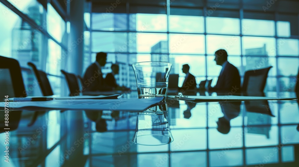 Silhouettes of businesspeople in a meeting around a glass table in a modern office with a city skyline view. Silhouettes of businesspeople in a meeting around a glass table in a modern office with a city skyline view.
