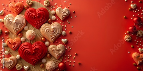 A red background with a bunch of heart shaped candies and other decorations