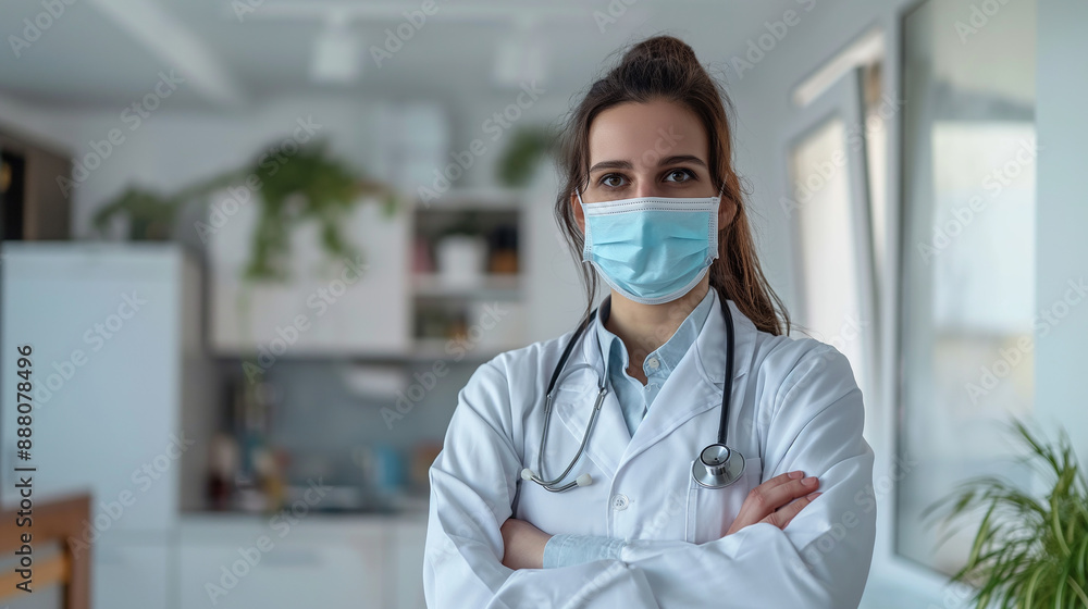 gentle young woman doctor standing arms crossed with mask . gentle young woman doctor standing arms crossed with mask .
