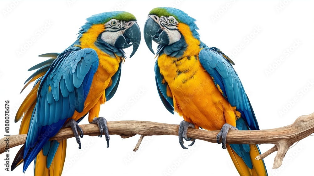 Two vibrant blue and yellow parrots perched on a branch, showcasing their colorful plumage and detailed feathers. Two vibrant blue and yellow parrots perched on a branch, showcasing their colorful plumage and detailed feathers.