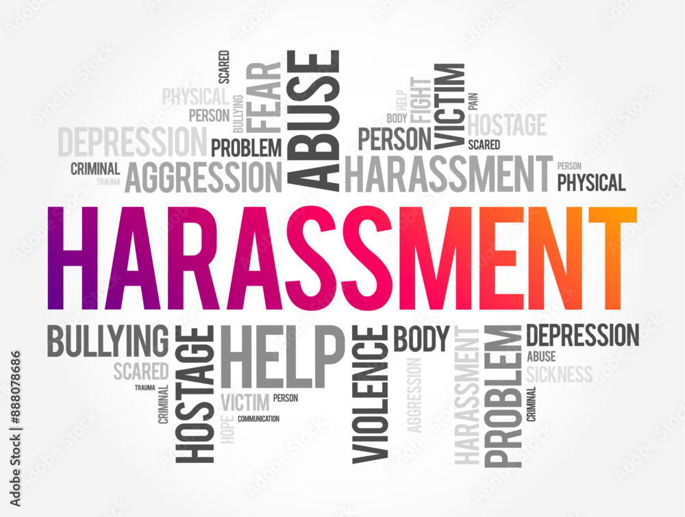 Harassment is unwelcome conduct that is based on race, color, religion, national origin, older age, disability, or genetic information, word cloud concept background Harassment is unwelcome conduct that is based on race, color, religion, national origin, older age, disability, or genetic information, word cloud concept background