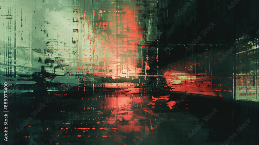 Obraz premium Screen damage. Digital glitch error. Colorful glow on teal blue background. Test Screen Glitch Texture. TV television