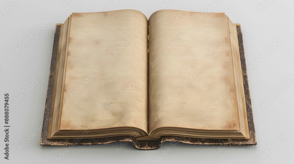 Naklejka premium Opened Antique Leather-Bound Book with Aged Pages Lying on White Surface