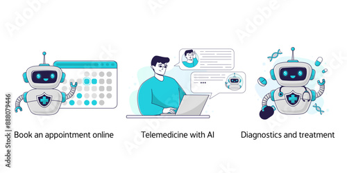 AI administrative assistant in a clinic, online appointment booking, telemedicine, diagnostics and prescription writing. The concept of medicine of the future.