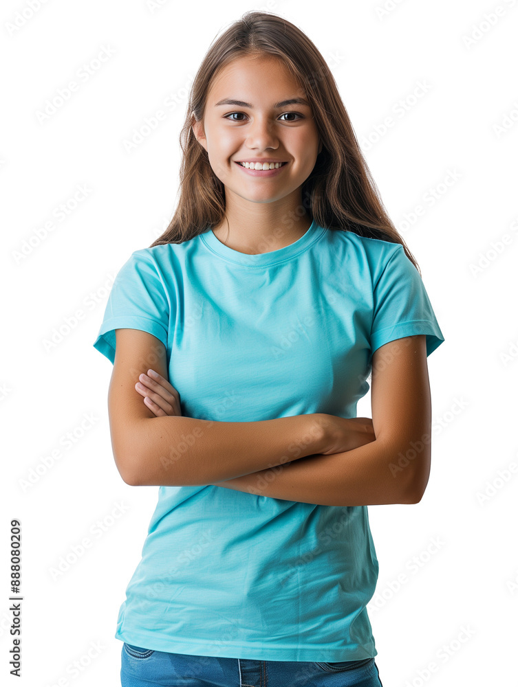 Caucasian young woman or teenager girl in a blue shirt with arms crossed, isolated on a transparent blank background. Kind volunteer smiling confidently. Caucasian young woman or teenager girl in a blue shirt with arms crossed, isolated on a transparent blank background. Kind volunteer smiling confidently.