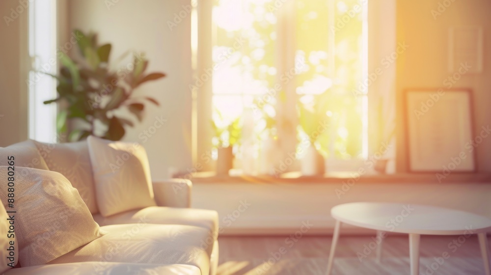 Fototapeta premium The living room with a sofa and soft bench is blurred in this photograph