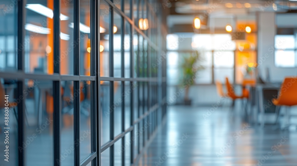 Grey office interior with panoramic windows, glass partitions, and orange accents against a blurred background. Grey office interior with panoramic windows, glass partitions, and orange accents against a blurred background.