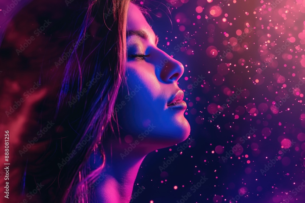 A profile of a woman's face in vibrant purple and pink light, eyes closed, with a dreamlike background of pink and purple bokeh