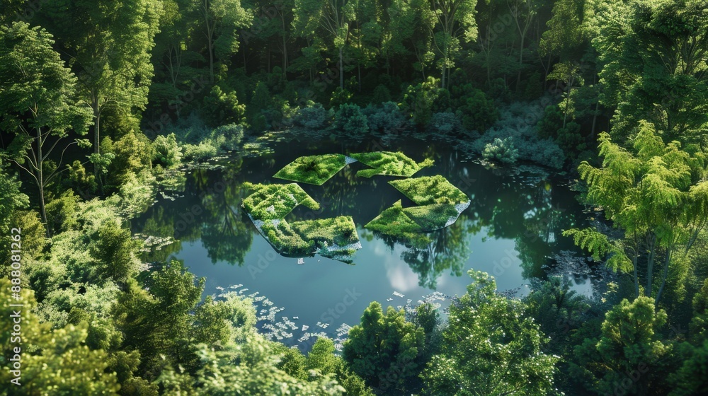Fototapeta premium Icon representing the ecological call for recycling and reuse in the form of a pond with a recycling symbol in the middle of a pristine forest. 3D rendering.