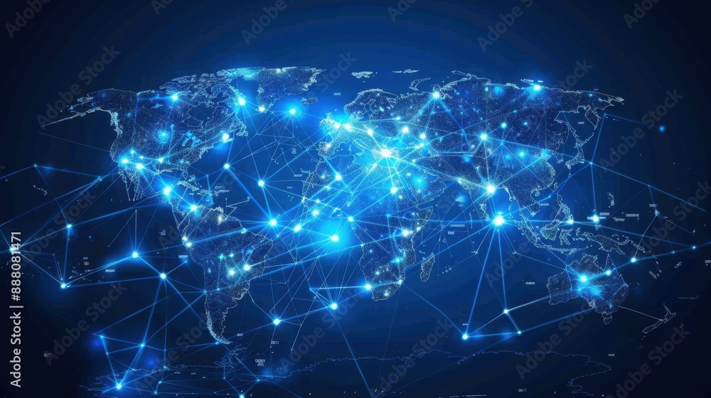 Dynamic digital world map emphasizing Western Europe continental for AI-powered global network connectivity, big data transfer, network information exchange, and telecommunications systems Dynamic digital world map emphasizing Western Europe continental for AI-powered global network connectivity, big data transfer, network information exchange, and telecommunications systems