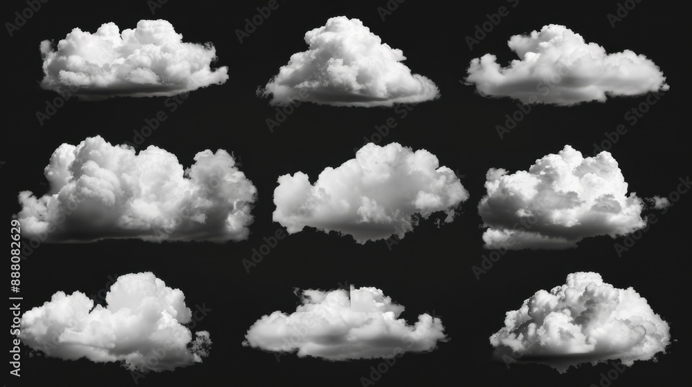 Set of clouds isolated on black background. A white background suggests cloudiness, mist, or smog. Set of clouds isolated on black background. A white background suggests cloudiness, mist, or smog.