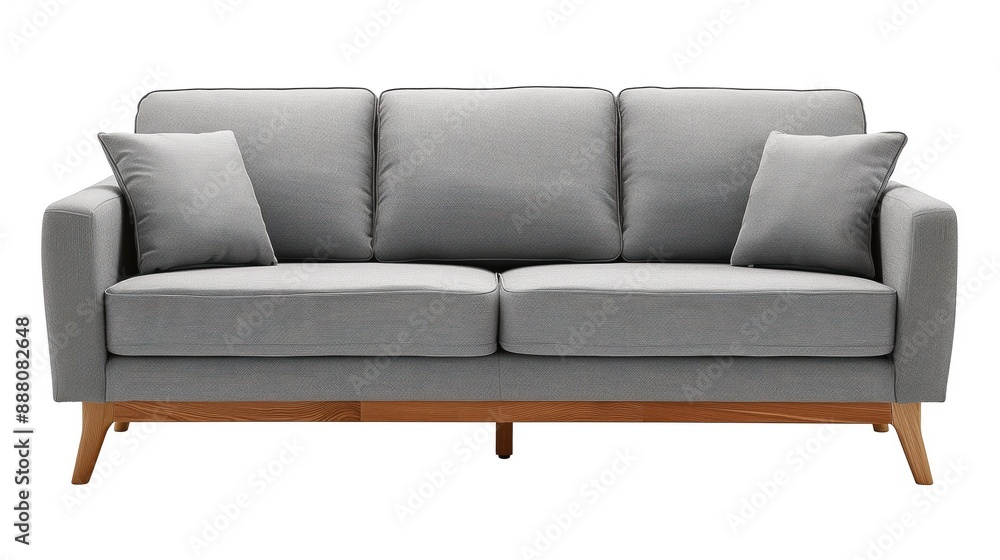 Modern Scandinavian Style Two-Seater Gray Sofa with Wooden Legs on White Background Modern Scandinavian Style Two-Seater Gray Sofa with Wooden Legs on White Background