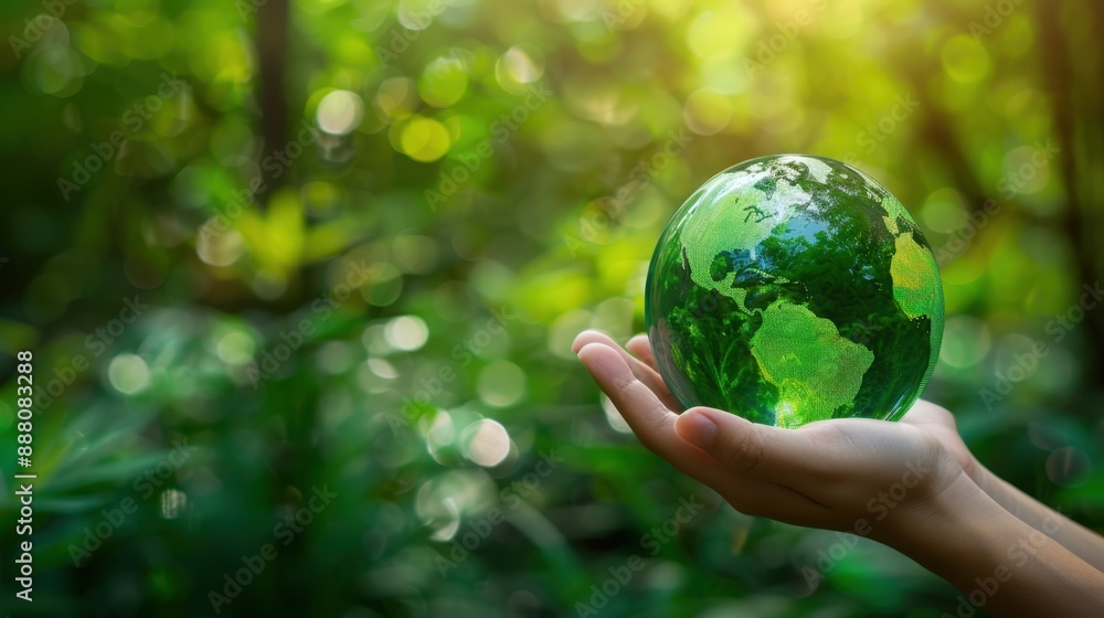 Ecosystem. Earth Day. Forest conservation CSR ESG NET ZERO. Green earth ball in hand set in a green forest background. Ecosystem. Earth Day. Forest conservation CSR ESG NET ZERO. Green earth ball in hand set in a green forest background.
