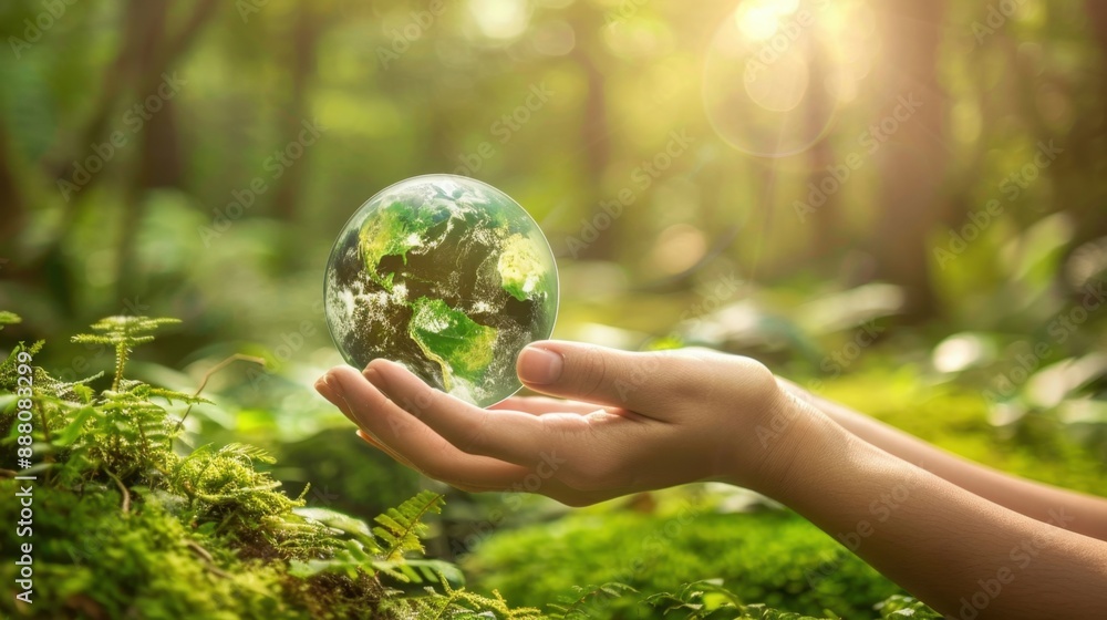 Ecosystem. Earth Day. Forest conservation CSR ESG NET ZERO. Green earth ball in hand set in a green forest background. Ecosystem. Earth Day. Forest conservation CSR ESG NET ZERO. Green earth ball in hand set in a green forest background.