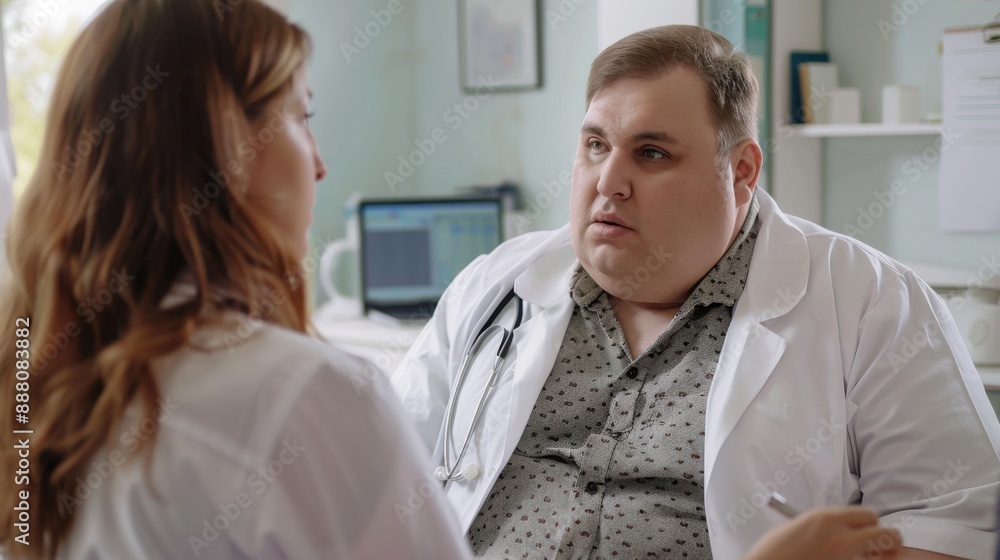 Fototapeta premium A female doctor discusses the test result of an overweight patient in her office. The health risks of obesity and overwight are discussed in relation to middle-aged men.