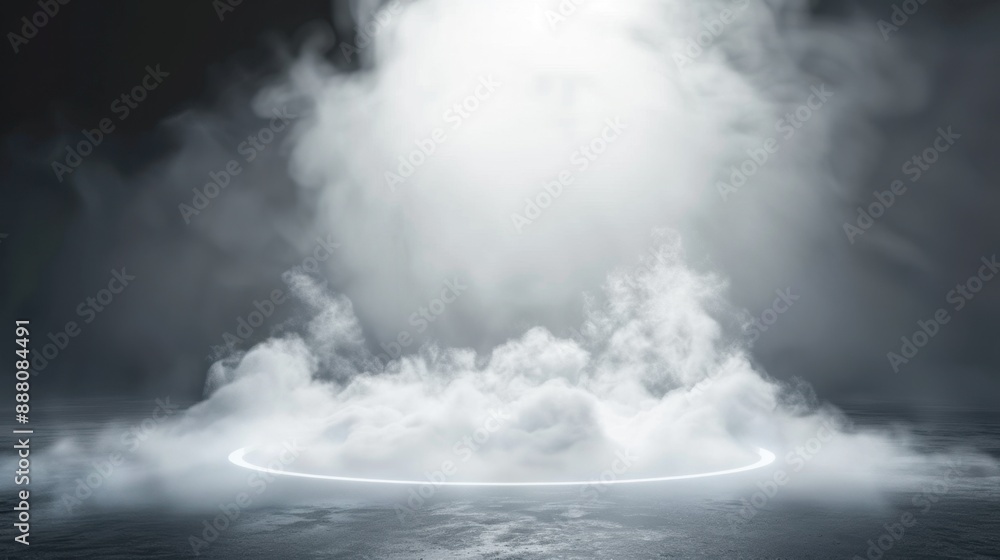 Obraz premium Smoke, fog, and white smog clouds drifting down on the ground and over the water. A realistic 3D vector mockup of a steam circle at a night club in the morning mist or smoke.