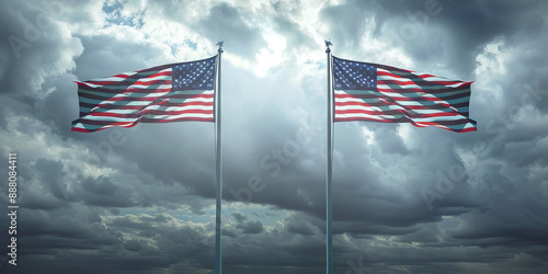 The Pillars of Republicanism: Two stalwart American flag poles, standing tall against a cloudy sky. photo