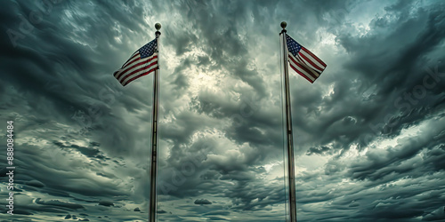 The Pillars of Republicanism: Two stalwart American flag poles, standing tall against a cloudy sky. photo