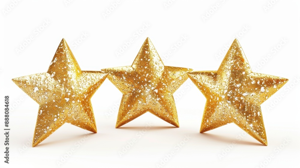 The 3D illustration shows three golden stars on a white background. The 3D illustration shows three golden stars on a white background.