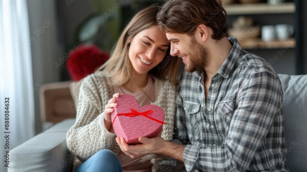 In this Valentine's Day image, a young couple with a heart-shaped gift box gives a present to their beloved while they are sitting on the sofa in their living room. In this Valentine's Day image, a young couple with a heart-shaped gift box gives a present to their beloved while they are sitting on the sofa in their living room.