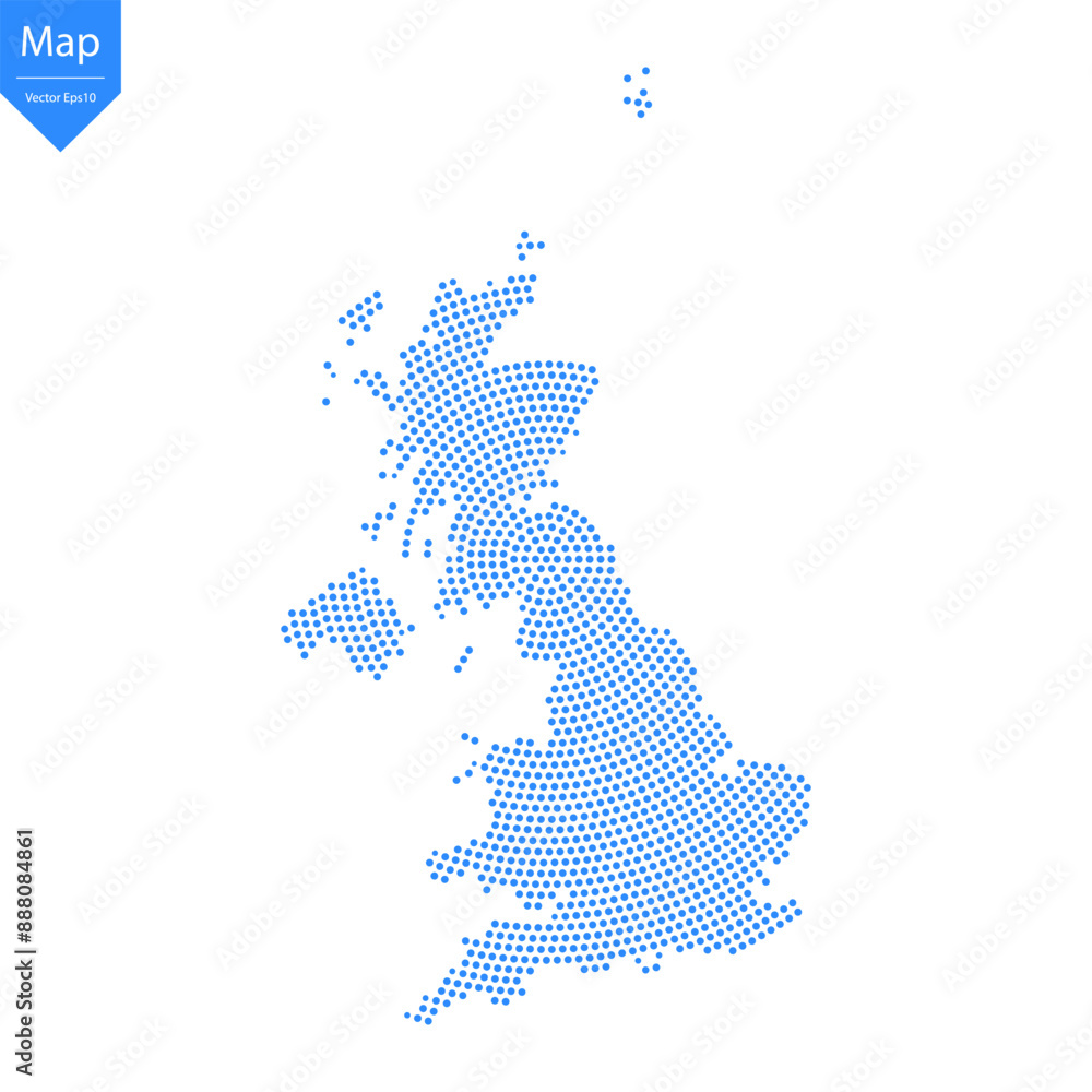 Fototapeta premium Abstract graphic United Kingdom map from point blue on a white background. Vector illustration.