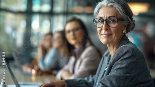 The company's CEO, a middle-aged woman with a variety of experienced colleagues, discusses the project management planning strategy at a corporate board meeting with a diverse team of colleagues.