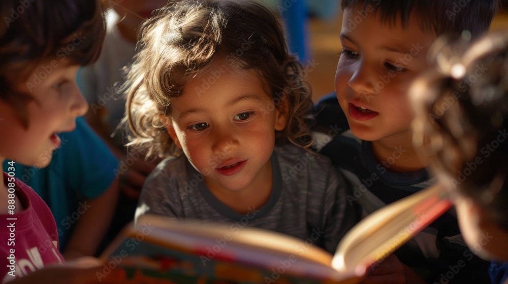 Children at kindergarten engrossed in a story being read from a book Children at kindergarten engrossed in a story being read from a book
