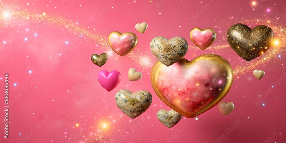 A pink background with a bunch of gold and pink hearts floating in the air A pink background with a bunch of gold and pink hearts floating in the air