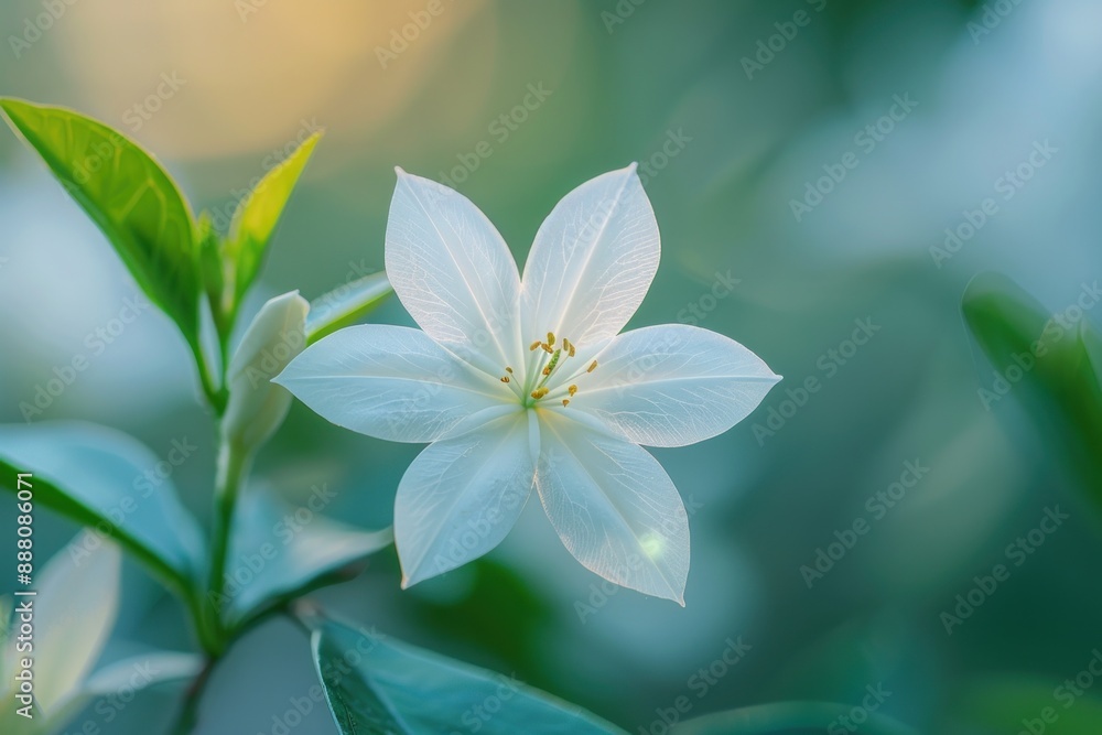 Close-up view of a delicate, white jasmine flower, showcasing its small, star-shaped petals and subtle fragrance. Close-up view of a delicate, white jasmine flower, showcasing its small, star-shaped petals and subtle fragrance.