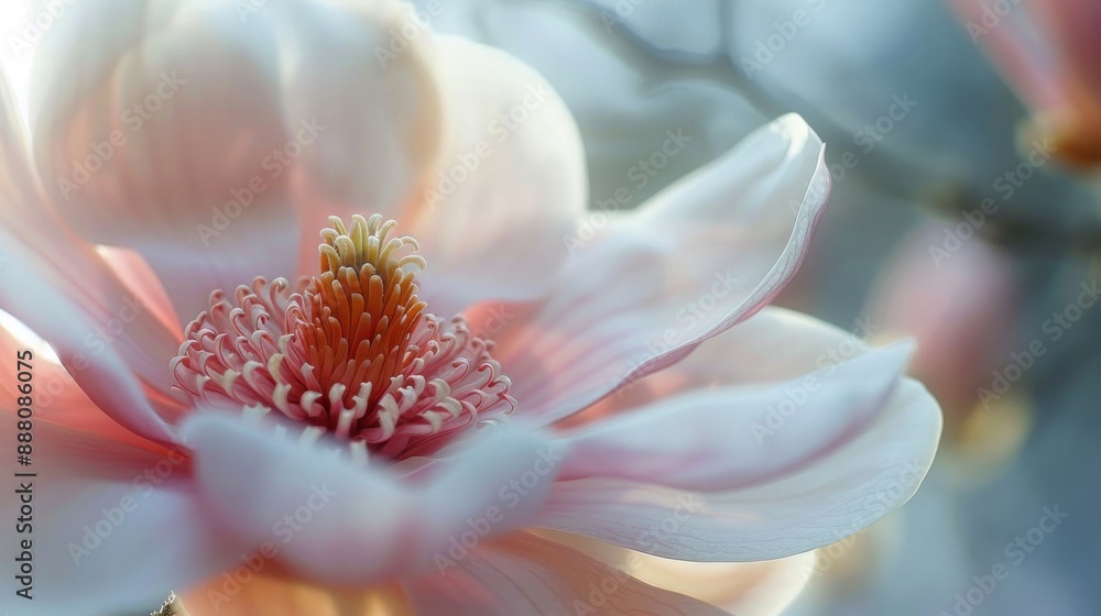 Macro shot of a magnolia flower in early spring, capturing its large, fragrant petals and subtle shades of pink and white. Macro shot of a magnolia flower in early spring, capturing its large, fragrant petals and subtle shades of pink and white.