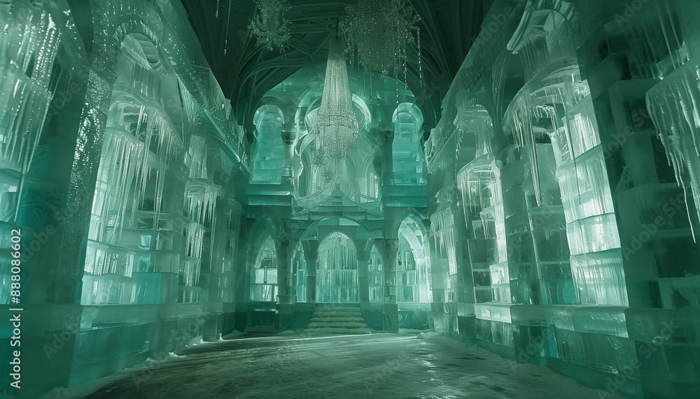 A palace carved entirely out of ice. Inside the palace, light is refracted to create a kaleidoscopic effect A palace carved entirely out of ice. Inside the palace, light is refracted to create a kaleidoscopic effect
