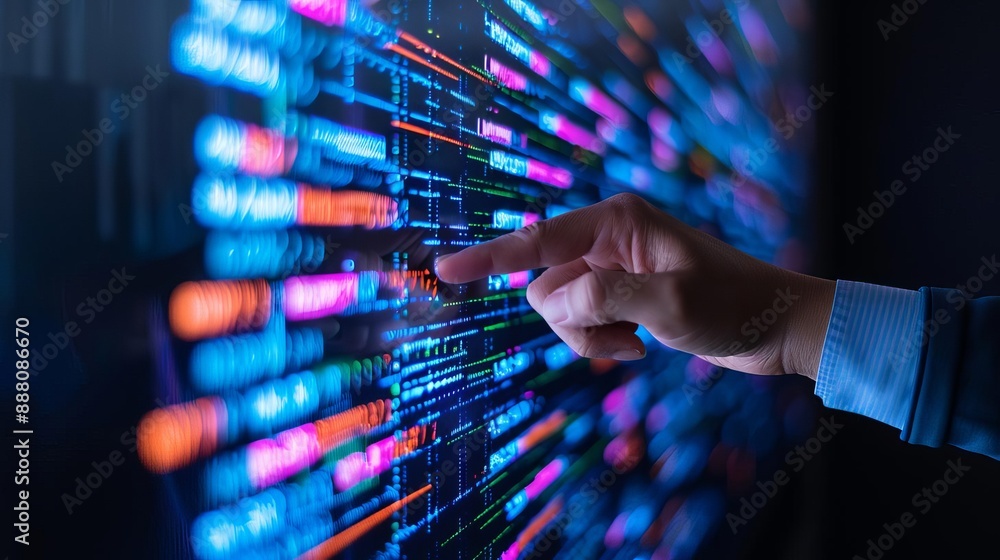 Fototapeta premium Accountant analyzing futuristic data on holographic screen, modern accounting trends, and technology integration in financial industry