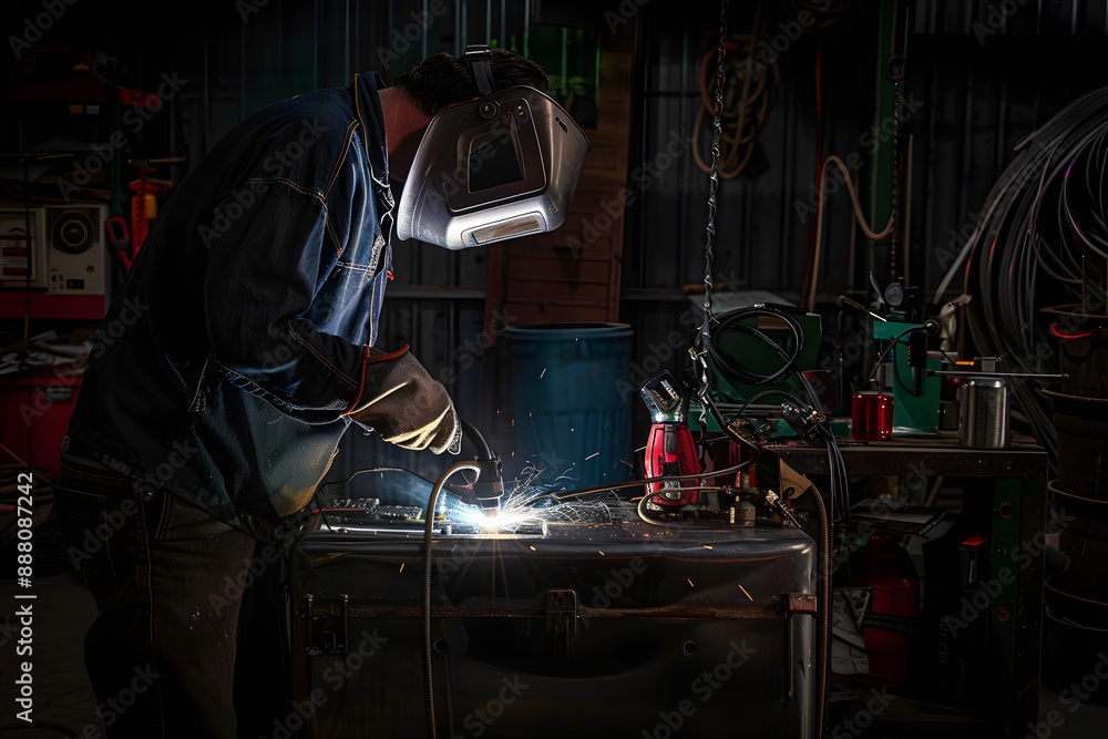 Welder that welds aluminum in his workshop Welder that welds aluminum in his workshop