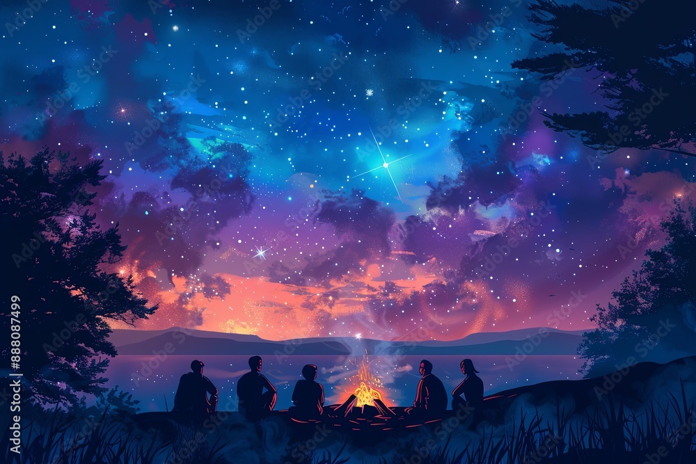19. A group of friends camping under the stars, enjoying nature and togetherness, simple vector graphic design, illustration, vibrant and colorful 19. A group of friends camping under the stars, enjoying nature and togetherness, simple vector graphic design, illustration, vibrant and colorful