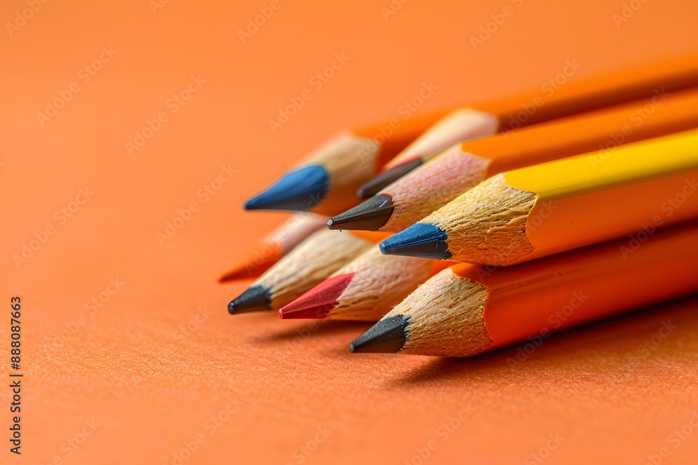 Obraz premium Close-Up of Colorful Pencils on an Orange Background